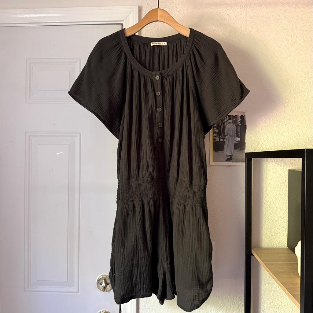 Marine Layer Dark Grey Cotton Gauze Flutter Short Sleeve Smocked Waist Romper